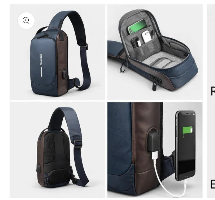 Men's Sleek Anti-theft PU Leather Crossbody Bag - USB Charging, Stylish Print & Zip Closure