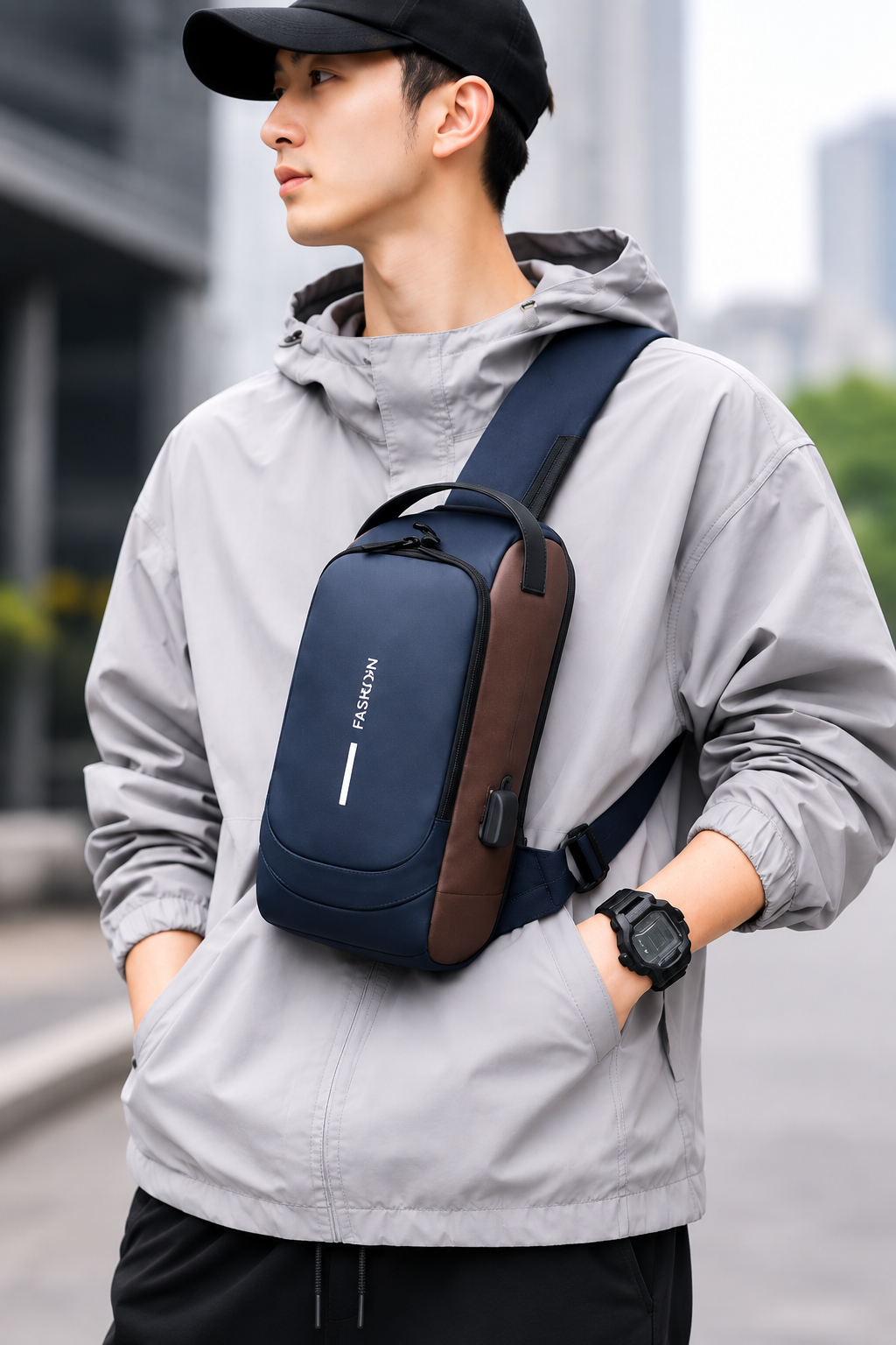 Men's Sleek Anti-theft PU Leather Crossbody Bag - USB Charging, Stylish Print & Zip Closure