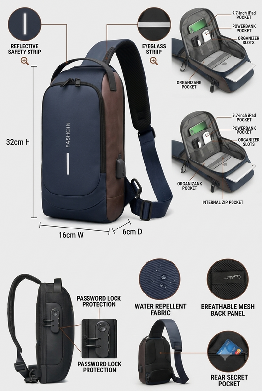 Men's Sleek Anti-theft PU Leather Crossbody Bag - USB Charging, Stylish Print & Zip Closure