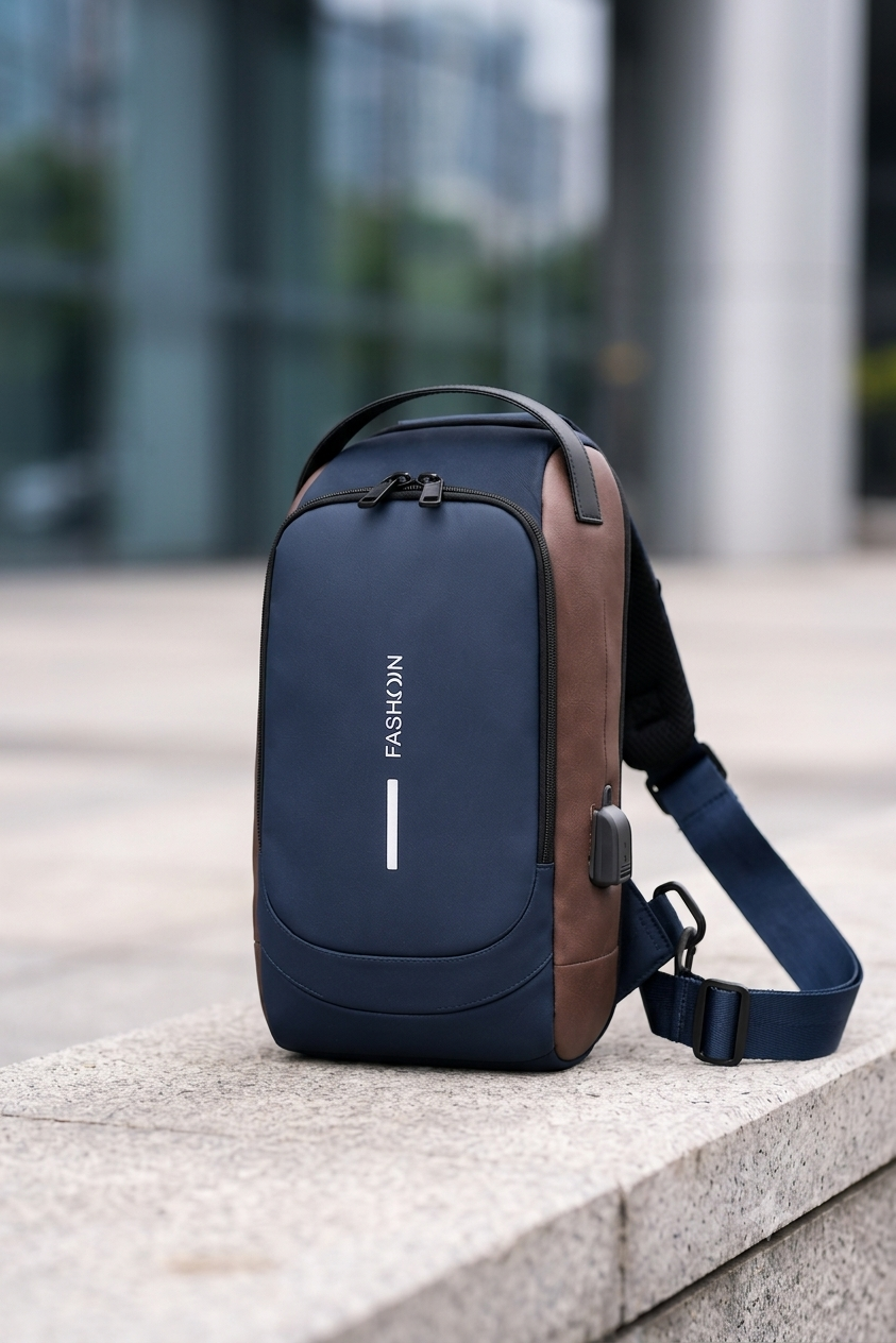 Men's Sleek Anti-theft PU Leather Crossbody Bag - USB Charging, Stylish Print & Zip Closure